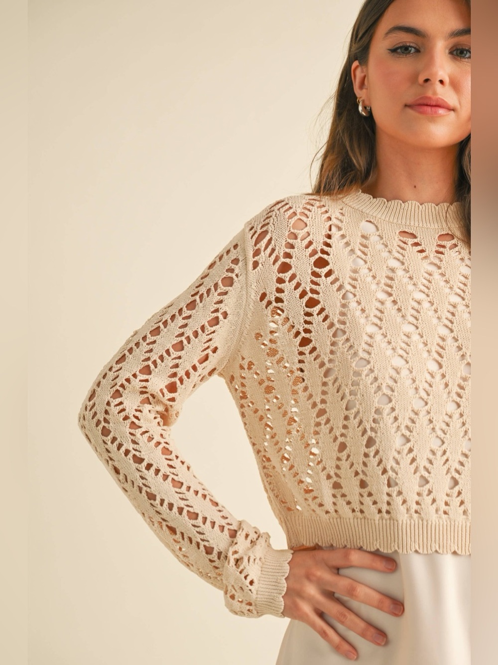 NWT Miou Muse Open-Knit Scoop Neck Sweater Cream Medium